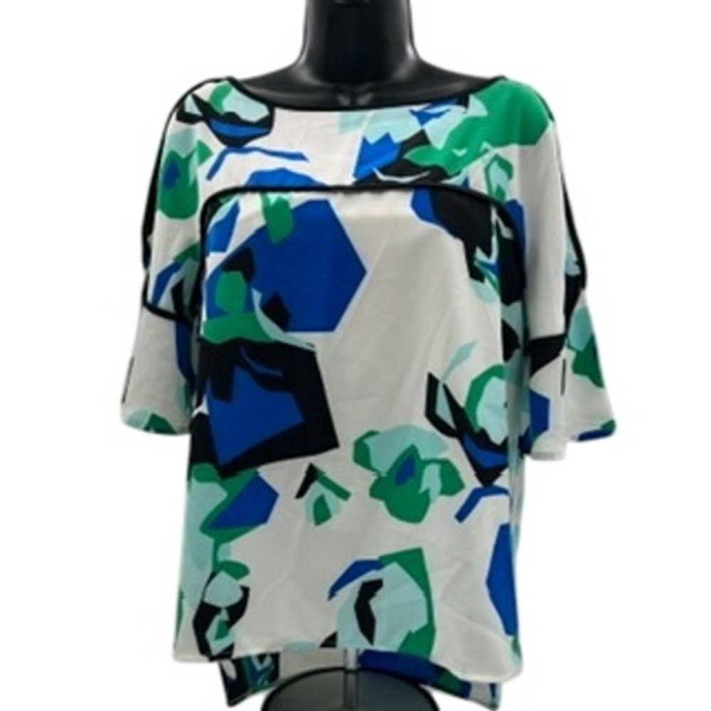 Calvin Klein Womens Blue Green Abstract Geometric Cold Shoulder Blouse Small - Picture 3 of 9